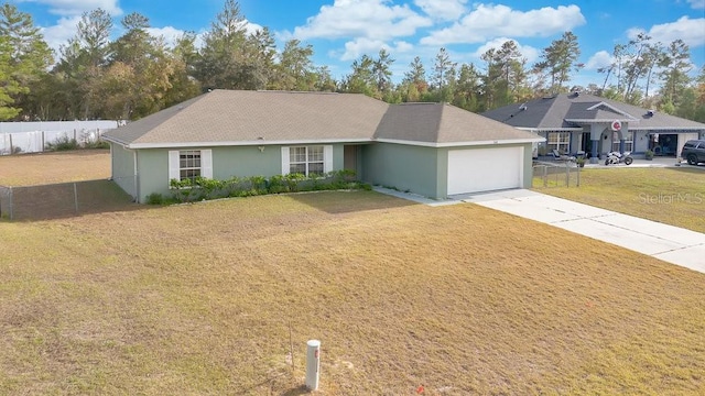 ranch-style house with a garage and a front yard