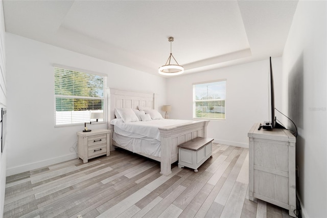 bedroom featuring a raised ceiling and light hardwood / wood-style floors