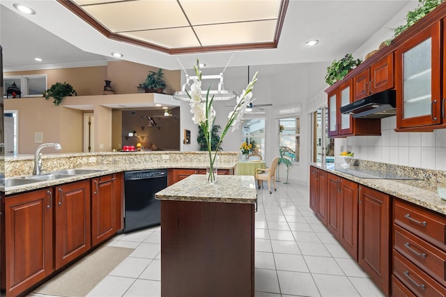 kitchen featuring tasteful backsplash, crown molding, sink, black appliances, and light tile patterned floors