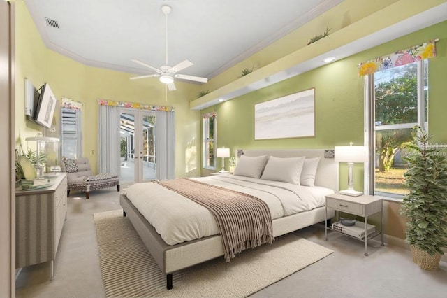 bedroom featuring access to exterior, light colored carpet, ceiling fan, and ornamental molding