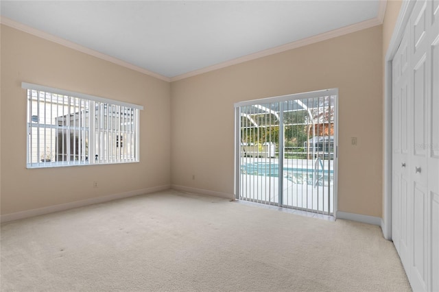 spare room with crown molding, a healthy amount of sunlight, and light carpet