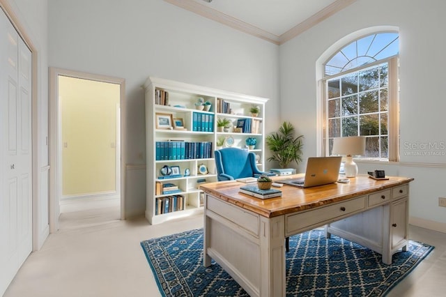 home office with ornamental molding