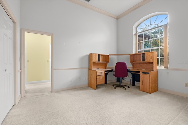 carpeted office space featuring ornamental molding