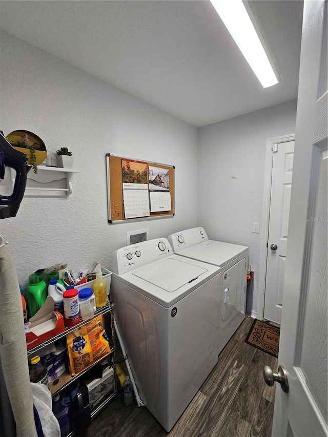 washroom featuring dark wood-type flooring, separate washer and dryer, and laundry area