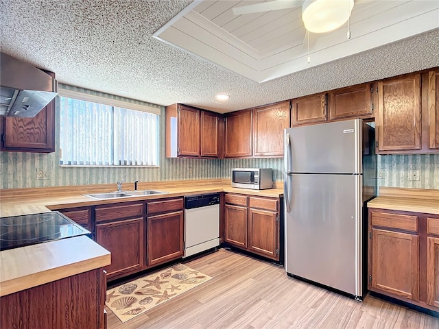 kitchen featuring sink, ceiling fan, light wood-type flooring, range hood, and appliances with stainless steel finishes