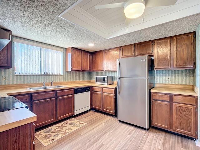 kitchen with ceiling fan, sink, light wood-type flooring, and stainless steel appliances