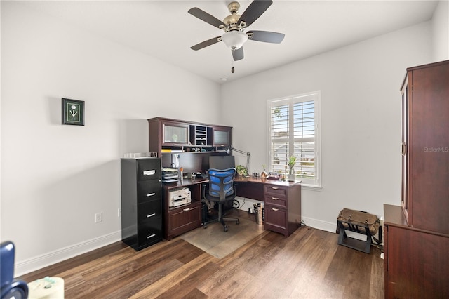 office featuring dark hardwood / wood-style floors and ceiling fan