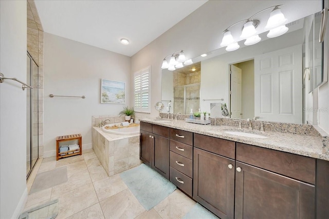 6407 SW 45th Ave, Ocala, FL 34474 - bathroom featuring a shower stall, a bath, double vanity, baseboards, and tile patterned floors