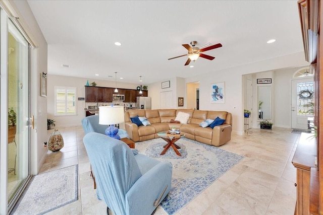 6407 SW 45th Ave, Ocala, FL 34474 - living area featuring a ceiling fan, recessed lighting, baseboards, and light tile patterned floors