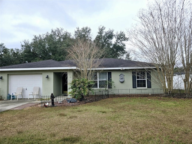 ranch-style home featuring a garage and a front lawn