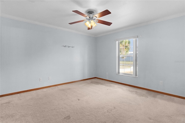 carpeted spare room featuring ceiling fan and ornamental molding