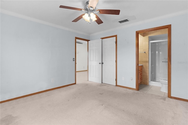 unfurnished bedroom with ensuite bathroom, ceiling fan, light carpet, and ornamental molding