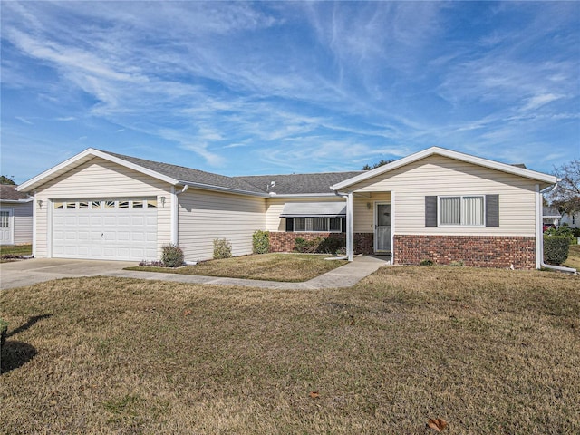 ranch-style home with a garage and a front lawn