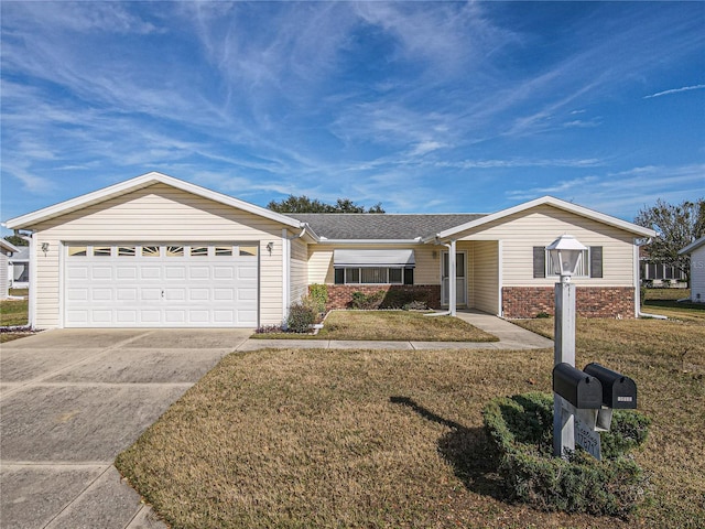 single story home featuring a front yard and a garage