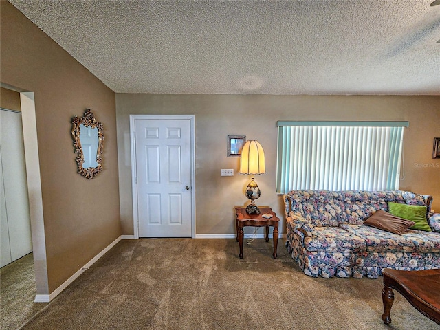 carpeted living room featuring a textured ceiling