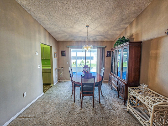 unfurnished dining area featuring carpet, vaulted ceiling, and an inviting chandelier