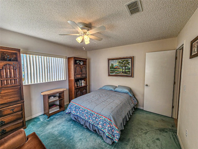 bedroom featuring ceiling fan, a textured ceiling, and dark colored carpet