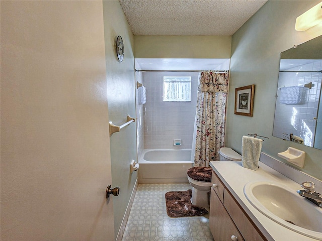 full bathroom featuring shower / bath combination with curtain, toilet, a textured ceiling, and vanity