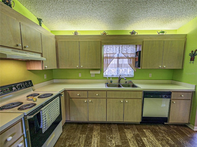 kitchen featuring dishwasher, sink, dark hardwood / wood-style floors, a textured ceiling, and electric stove