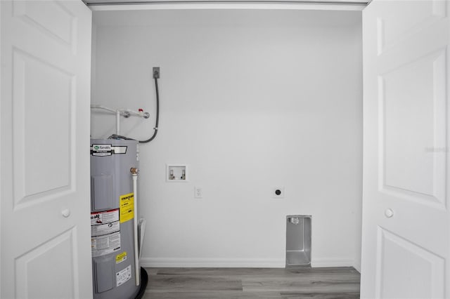 laundry room featuring electric dryer hookup, light wood-type flooring, hookup for a washing machine, and water heater