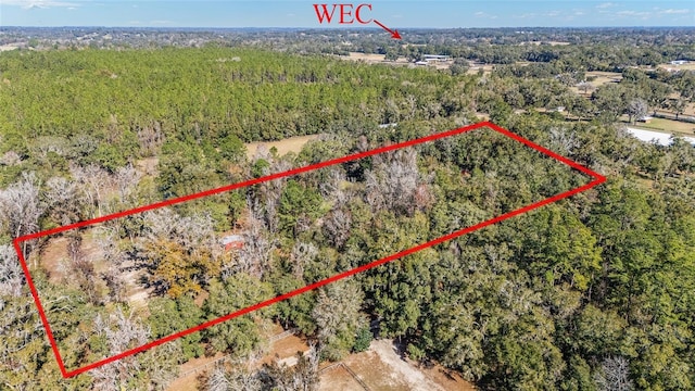 birds eye view of property featuring a wooded view