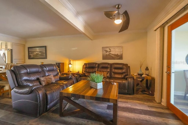 living room featuring crown molding, dark wood-type flooring, and ceiling fan