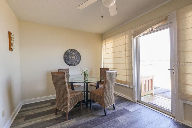 dining room with dark hardwood / wood-style flooring and ceiling fan