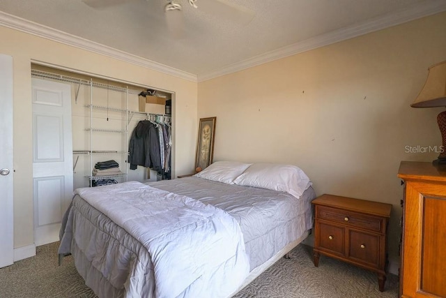 bedroom with crown molding, carpet flooring, and a closet