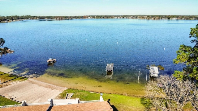 view of water feature with a dock