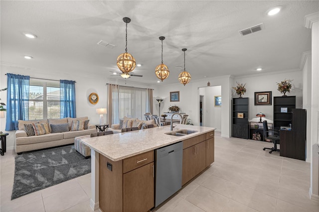 kitchen with sink, stainless steel dishwasher, ceiling fan, an island with sink, and light tile patterned flooring