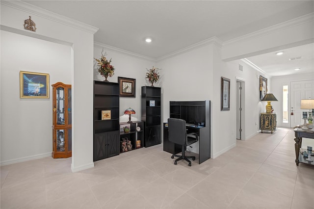 tiled home office featuring ornamental molding