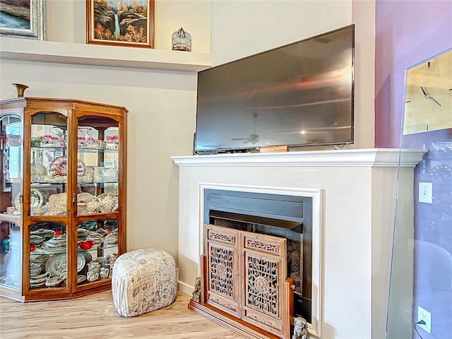 room details with a fireplace, hardwood / wood-style floors, and ceiling fan