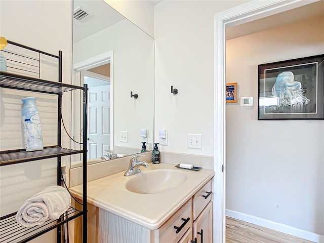 bathroom with hardwood / wood-style floors and vanity