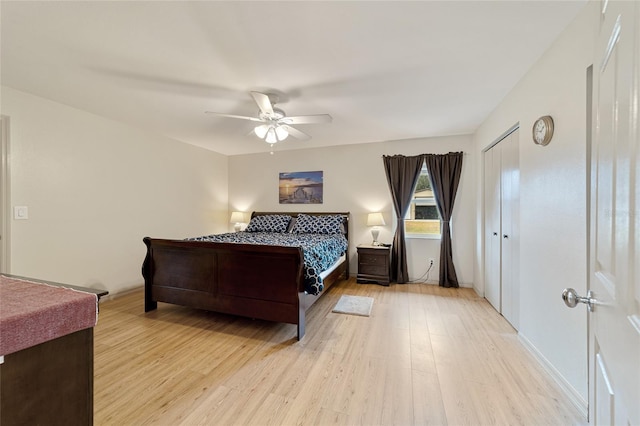 bedroom featuring ceiling fan and light wood-type flooring