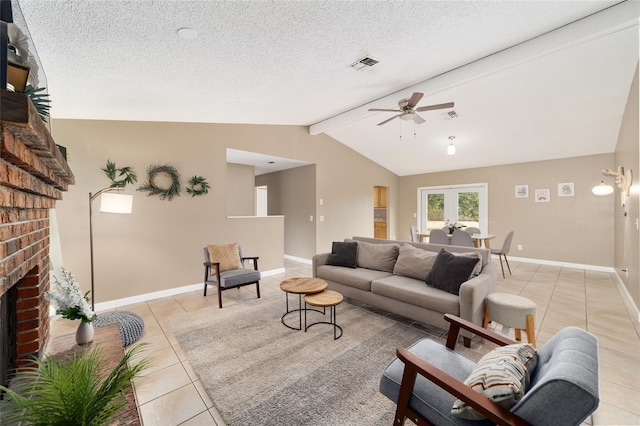 tiled living room featuring ceiling fan, a fireplace, vaulted ceiling with beams, french doors, and a textured ceiling