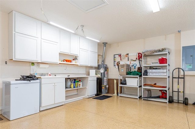 garage with gas water heater, refrigerator, and electric panel