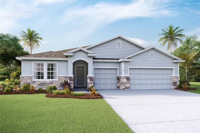 view of front of property with a garage and a front lawn