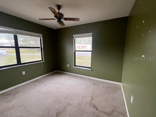 carpeted spare room with ceiling fan