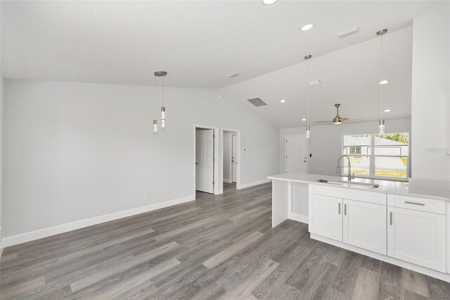 4393 SW 169 Lane Rd, Ocala, FL 34473 - kitchen with a sink, vaulted ceiling, open floor plan, white cabinetry, and decorative light fixtures