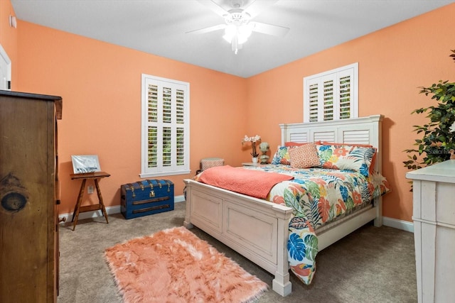 bedroom with light carpet and ceiling fan