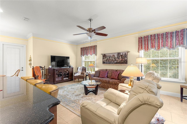 tiled living room with ceiling fan and ornamental molding