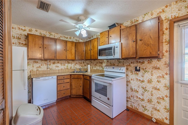 kitchen featuring a textured ceiling, white appliances, ceiling fan, sink, and plenty of natural light