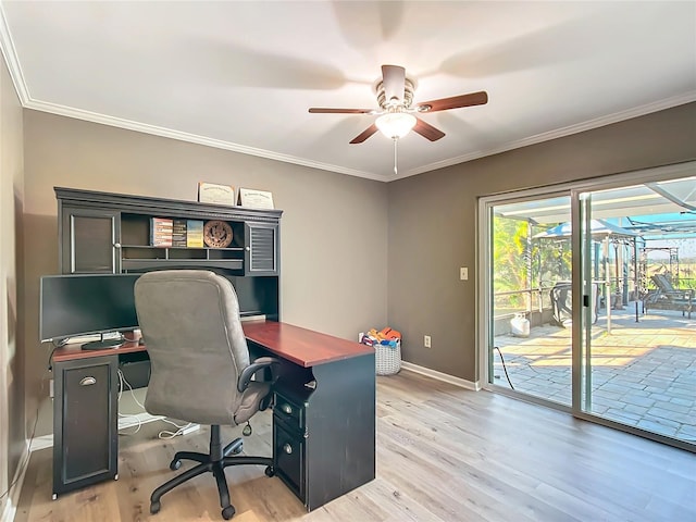 home office with ceiling fan, light hardwood / wood-style floors, and ornamental molding