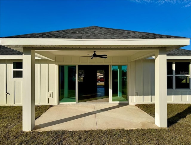 property entrance with a patio area and ceiling fan