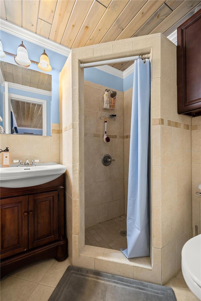 bathroom with a shower with curtain, wood ceiling, tile walls, and toilet