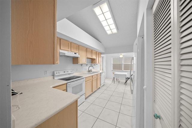 9260 SW 92nd Place Rd, Ocala, FL 34481 - kitchen with under cabinet range hood, light brown cabinetry, light countertops, white appliances, and a sink