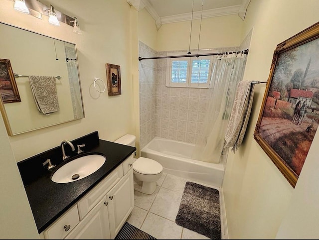 full bathroom featuring tile patterned flooring, ornamental molding, shower / bath combo with shower curtain, toilet, and vanity