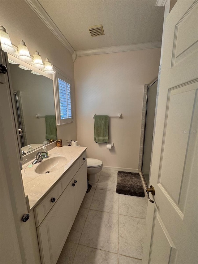 bathroom featuring vanity, walk in shower, a textured ceiling, crown molding, and toilet