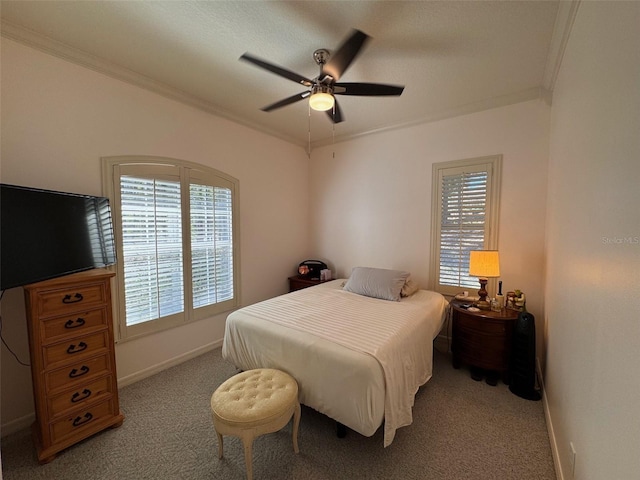 bedroom with light carpet, ceiling fan, and crown molding