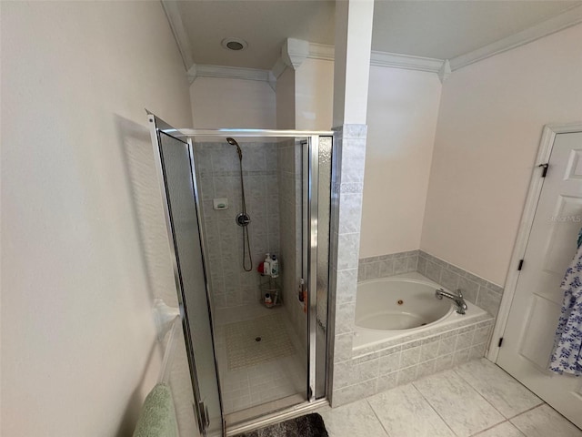 bathroom featuring plus walk in shower, crown molding, and tile patterned floors